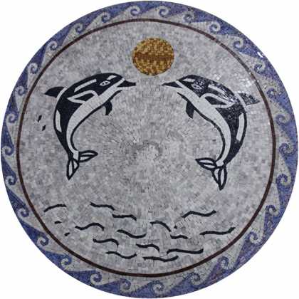 AN1071 Swimming Dolphins Medallion Sun Blue  Mosaic