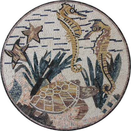 Marble Medallion Seahorse Couple Round  Mosaic